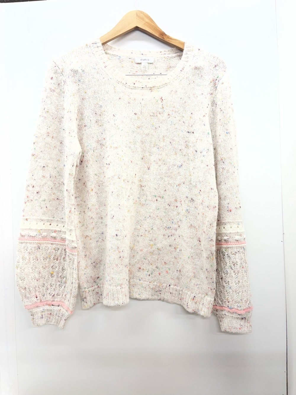 Cupio Cream Speckled Crewneck Sweater with Pink Trim Details